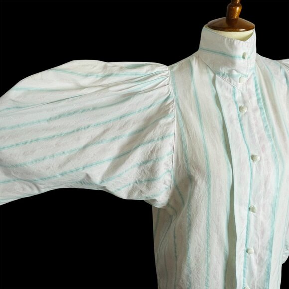 Vtg 80s Idioms Gibson Girl Statement Puff Sleeve Top Sz S High Neck Pastel - Picture 3 of 7